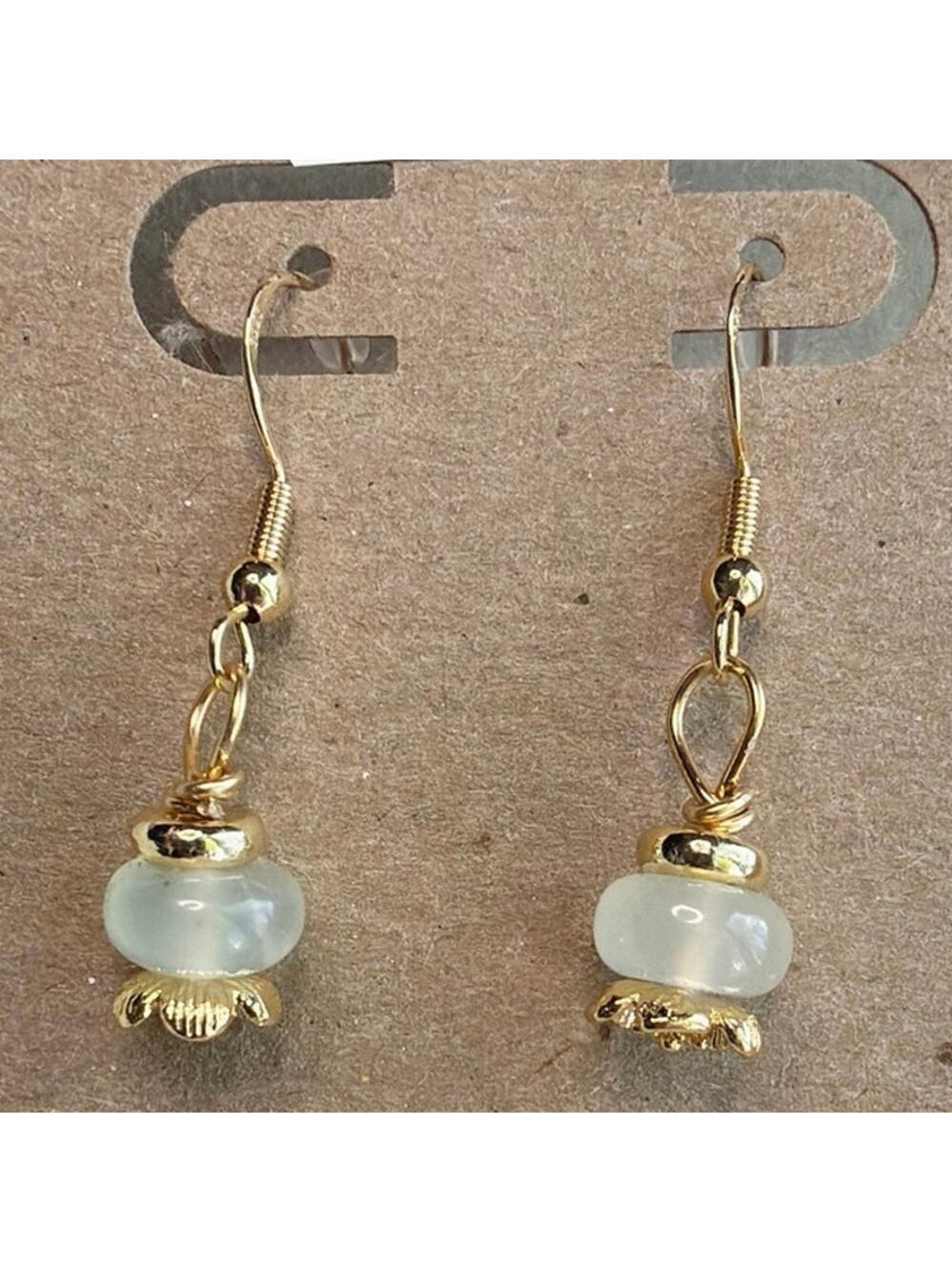 Jade Gemstone Earrings, New Jade, Green, Gold Over Sterling Silver, Flower